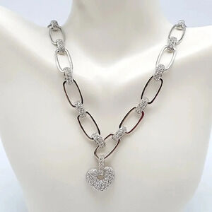 Sterling Silver .925 FAS Pave CZ Rectangle Link Necklace with CZ Heart Charm